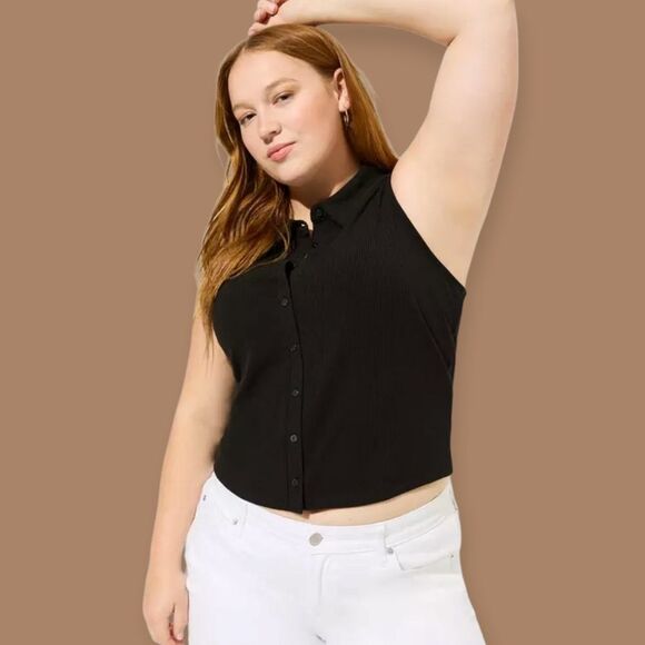 5X 28W Torrid Black Crop Ribbed Collard Tank V Neck Button Up Supwr Soft Stretch - Picture 1 of 8